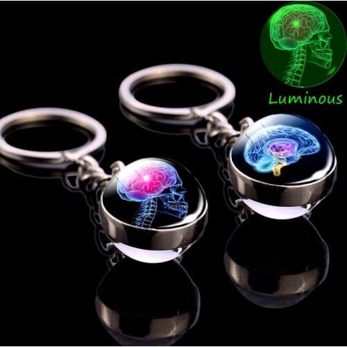 Glowing Skull Keychain Anatomy Key Chain ECG Heart Brain Luminous Jewelry Stainless Steel Glass Ball Keychain Doctor Gift
