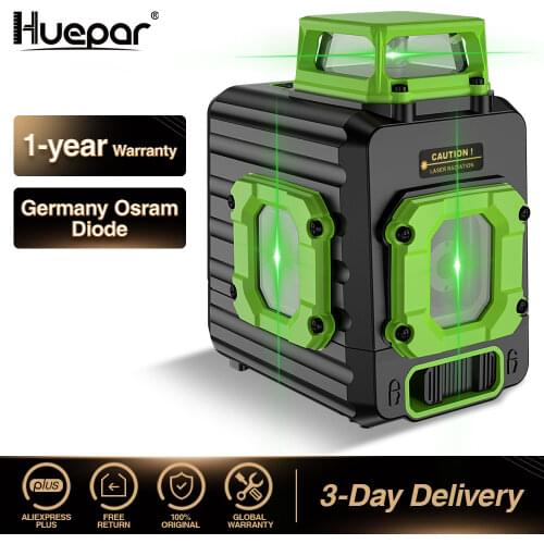 Huepar Cross Line Laser Level Green 360° Horizontal & Two Vertical Lines Self-Leveling Li-ion Battery Type-C Charging Port & Har
