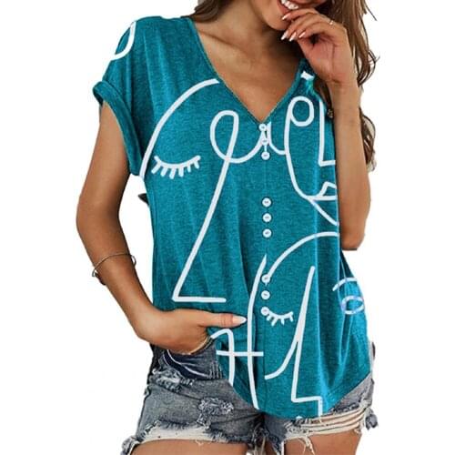 Plus Size Women T-shirt Top Sketch Print Single-breasted Female Tee Shirt Summer Loose V Neck Short Sleeve Tshirt 2021