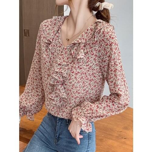 Autumn Long Sleeve Blouse Women Blusas Mujer De Moda 2021 V-Neck Print Chiffon Blouse Shirt Tops Women Blusa Women Clothes D579