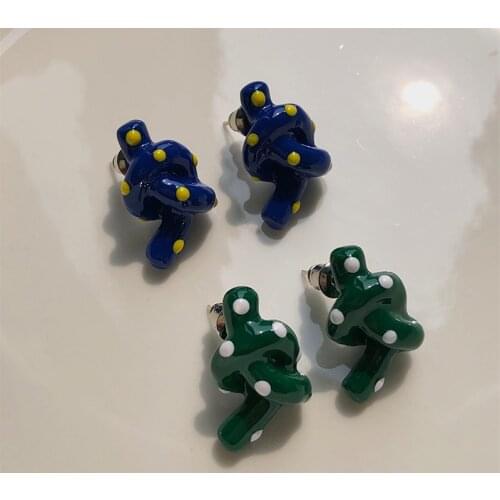 AOMU Korean Summer Ins Sweet Cool White Yellow Polka Dot Green Blue Geometric Irregular Knotted Metal Stud Earrings for Women