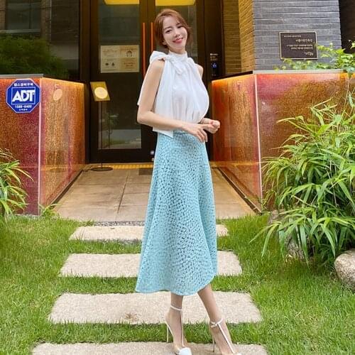 Women 2 Pieces Sets 2020 Summer Sleeveless Bowknot Lace-up Chiffon Shirts+A-line Lace Skirts Korean Slim OL Work Wear Set