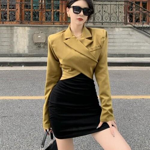 2021autumn fashion Temperament Women 2 Pieces Suits Shoulder pads cross straps small suit jacket + oblique shoulder dress suit