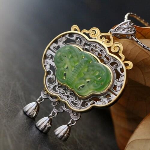 Retro Thai Silver Wholesale Handmade Natural Jasper Silver Lock Vintage Long Life Lock S925 Sterling Silver Women Pendant