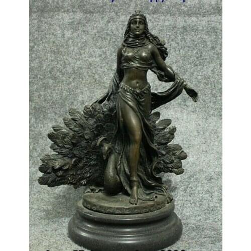 11" Old Royal Palace Art sculpture Bronze Beauty Belle Sexy Girl Peacock Statue