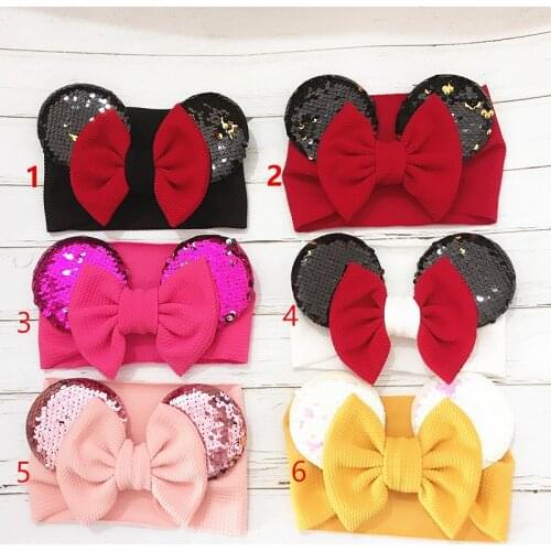 12pc/lot Sequin Hair bows Ears Headband For Girls Glitter Elastic Waffle Bows Head Wrap Kids Hair Accessories