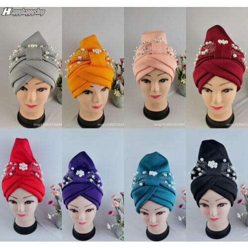 2021 New Turban Bonnet for Women Beads African Headtie Muslim Headscarf Cap Islamic Head Wraps Turbante Hats