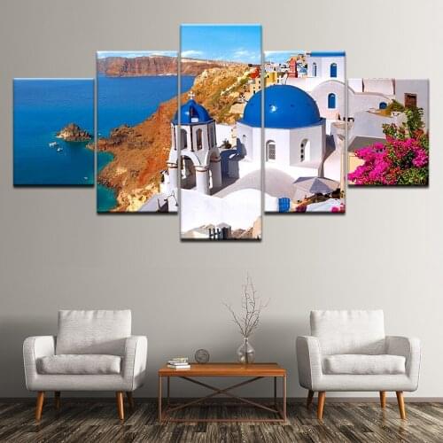 5 Pieces Wall Art Home Decor Canvas Painting Thira Greece Santorini Blue Ocean Painting Modular Wallpapers Poster Prints Bedroom