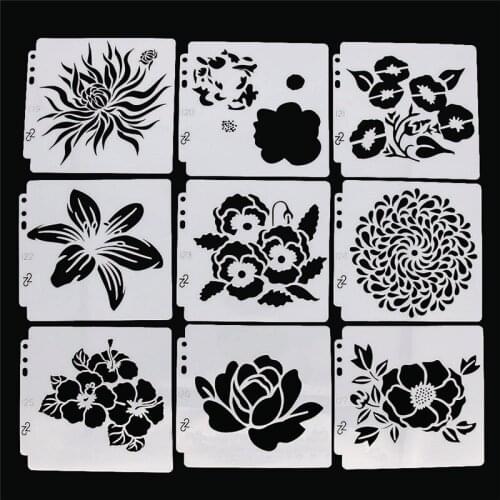 9pcs Flower Scrapbook Tencils Spray Plastic Mold Shield DIY Cake Hollow Embellishment Printing Lace Ruler Valentine