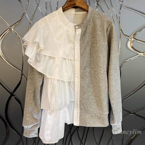 White Ruffles Patch Grey Sweatshirt Women Spring and Autumn Korean Style Loose Irregular Hoodies Girls Students Fashion Top