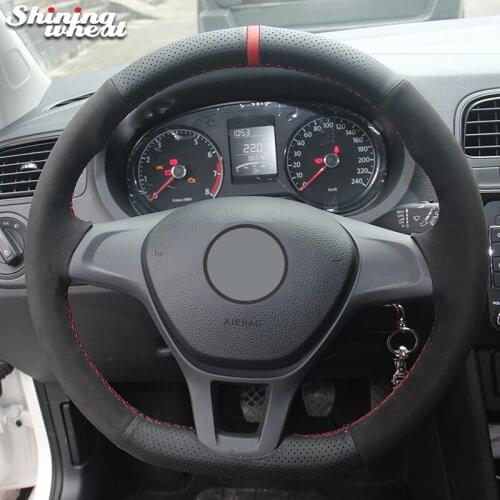Shining wheat Black Genuine Leather Black Suede Red Marker Car Steering Wheel Cover for Volkswagen VW Golf 7 Mk7 New Polo
