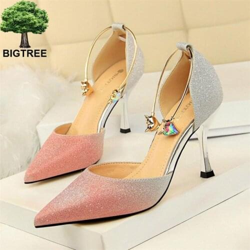 BIGTREE Pointed Toe Crystal Metal Ring Womens Sandals Mixed Colors Sequined Cloth Women Sexy Side Cut-Outs Party Shoes Shallow