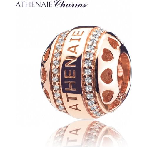 ATHENAIE 925 Silver with Pave Clear CZ Heart by Heart Rose Gold Openwork Charm Beads Fit All European Bracelets Color Rose Gold