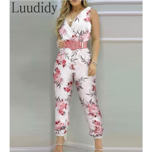 Women Sexy Sleeveless Print Poackets Design Open Back High Waist Jumpsuit