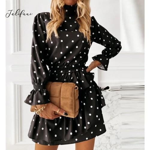 Elegant Long Sleeve Dress Women Turtleneck Fashion Cascading Ruffles A Line Dresses 2021 Spring Polka Dot Print Party Vestido