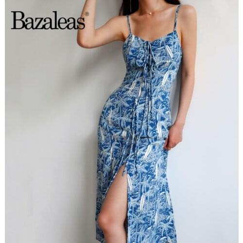 Elegant Floral Print Blue Spaghetti Strap Dresses Sexy Vestidos Fashion Split Tank Women Dress