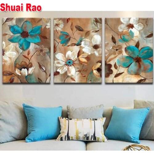 3 pcs Full Square round diamond painting white blue orchid Triptych flower mosaic sale diamond Embroidery living room decor gift