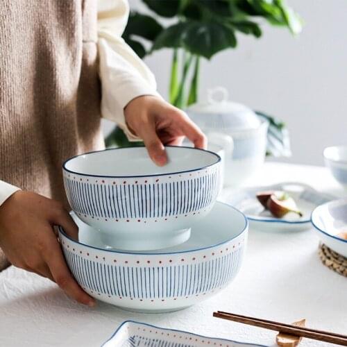 Chinese Cuisine Dinnerware Ceramic Ramen Bowl Big Noodle Bowl Blue Strip Rice Bowl Soup Bowl