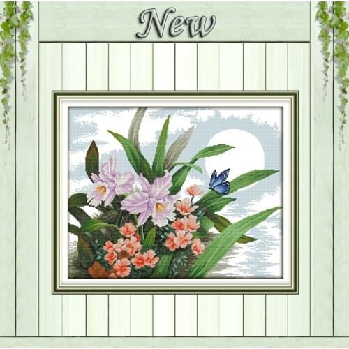 Moonlight orchid scenery flower Painting Counted Print on canvas DMC 14CT 11CT chinese Cross Stitch Needlework Kit Embroider Set