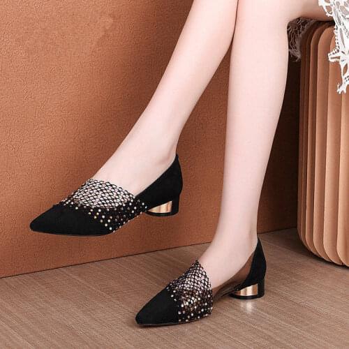 Miaoguan 2021 New Shoes Woman Summer Fashion crystal Lace Dress Shoes Womens High Heels Sandals Square Heeled Pumps Ladies Shoes