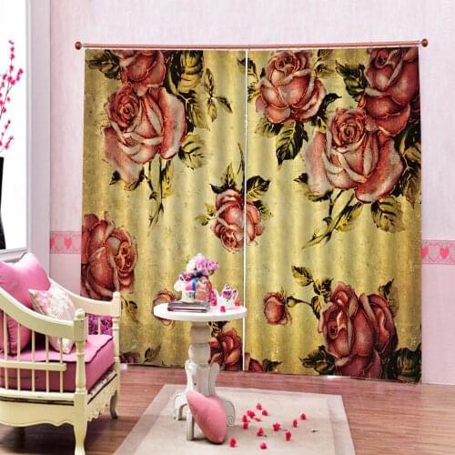 Fashion Cutsom Vintage rose flowers Curtain Large Window Polyester Fabric For Living room Bedroom Half-Blackout Drapes Sets