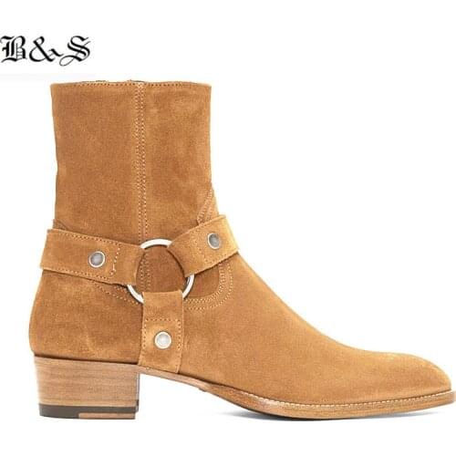 Black& Street High Top Handmade Wyatt Harry Buckle Ring Strap Men Chelsea Boots Wedge Leather Denim Banquet Harness Boots