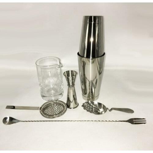 Free Shipping Stainless Steel 6 Piece Bar Set Boston Cocktail Shaker Bartending Set Including Mixing Glass
