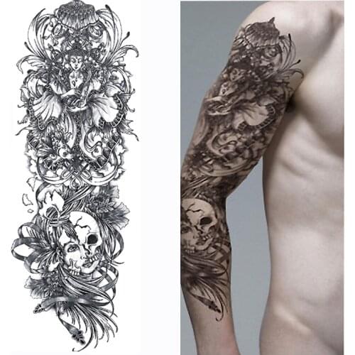 1 Piece Buddhist Faith Temporary Tattoo Sticker Skeleton Full Flower Tattoo with Arm Body Art Big Large Fake Tattoo Sticker