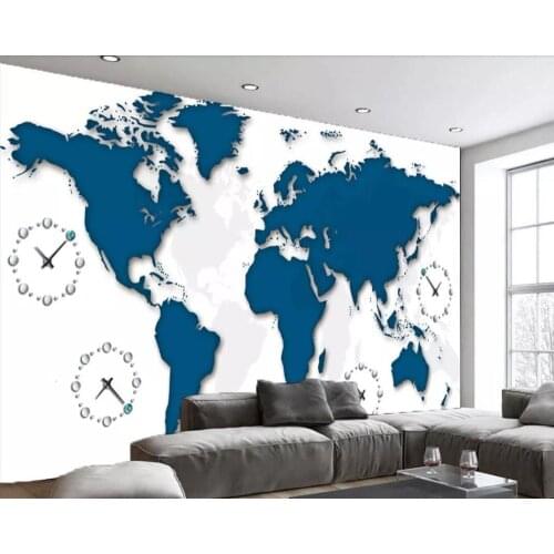 Bacal Custom 3d mural wallpaper 3D minimalist time blue world map clock background wall decoration painting 5D wall paper huda