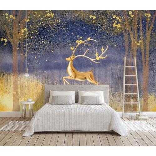 Wallpapers 3D Golden elk golden background wall hand painted nordic wood Living room Bedroom Wall Covering wallpaper Stickers