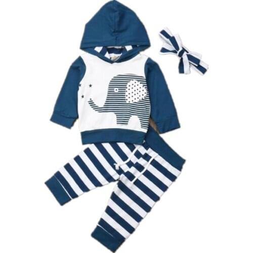 Toddler Boy Clothes 2019 Newborn Baby Boy Girl Striped Elephant Clothes Hood Tops Pants Autumn Outfit