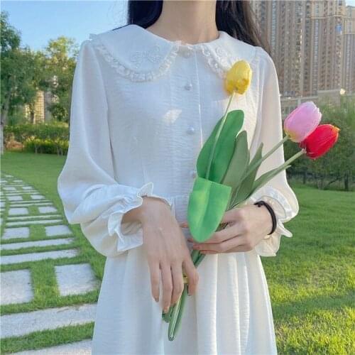 2021 Autumn Long Sleeve Sweet Kawaii Dresses Women Party One Piece Korean Fashion Lace Up Lolita Midi Dress Pure Color Clothing
