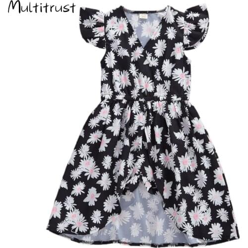 Multitrust Girl Dress 2020 Summer Short Sleeve V-neck Daisy Print Dress Girl Clothing Vestido Wear Size 2-6Y