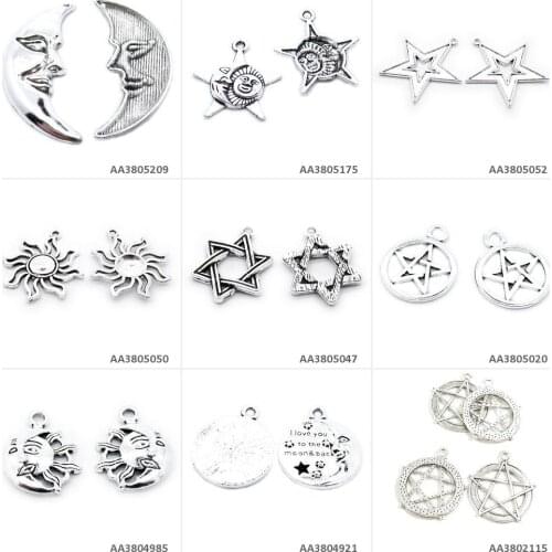 Antique Silver Plated Jewelry Making Charms Pentacle Love Moon Sun Star of David Hexagonal Pentagram Face Crafting
