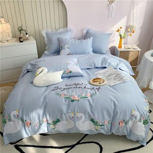 Luxury 600TC Egyptian Cotton White Swan Flowers Embroidery Princess Bedding Set Duvet Cover Bed Sheet Pillowcases Home Textiles