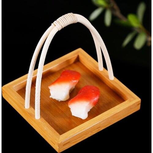 Hand-Made Bamboo Sushi Plate Cane Handle Designed Snack Basket Square Japanese Decorative Tray Dinnerware Artistic Food modeling