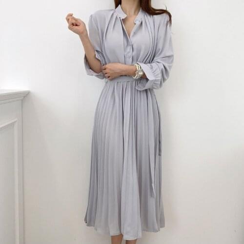 Chic Stand Collar Pleated Chiffon Dress 2021 Spring Autumn Long Sleeve Belt Women Long Dress Casual Solid Female Vestidos