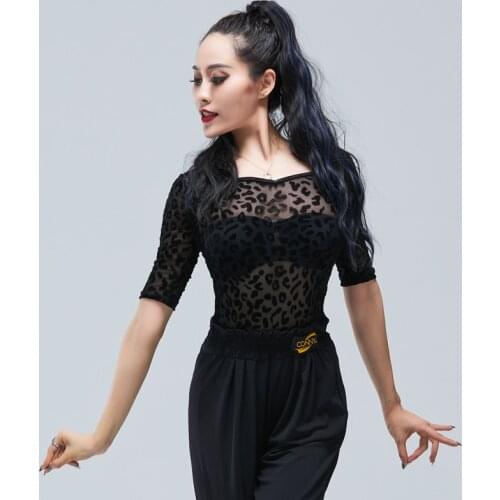 Women Latin Dance Shirt Sexy Leopard Mesh Half-Sleeve Samba Rumba Practice Wear Performance Competition Costumes Outfits YS1354