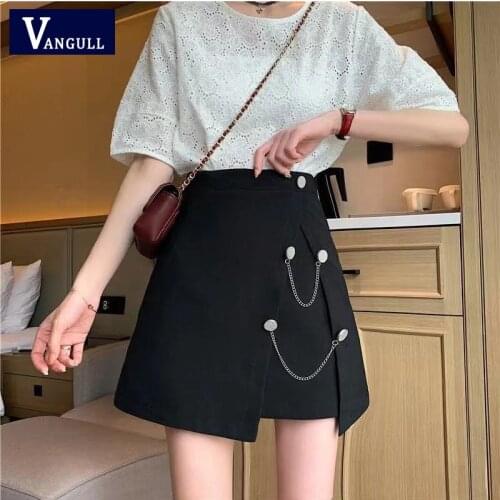 Vangull Women Skirt Chain Elegant Design High Waist Mini Leisure Stylish Solid 2021 Summer New Female Black Asymmetrical