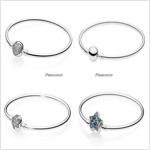 925 Sterling Silver Bangle Crystal Snowflake Clap Snake Chain Bracelet Bangle Fit Women Bead Charm Fashion Jewelry