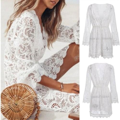 Women Swimsuit Beach Cover Up Sexy Crochet Lace V-Neck Bikini Kimono Cardigan