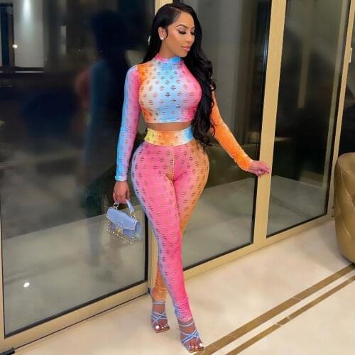 Womens Tracksuit Gradient Color Hollow Out Long Sleeve Crop Top and Pencil Legging Streetwear Y2K See Through Two Piece Suits