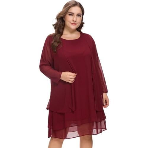European Style Women Summer Casual Solid O-neck Asymmetrical Dress Vintage Long Sleeve 2-piece Set Chiffon Dress Size S-5xl