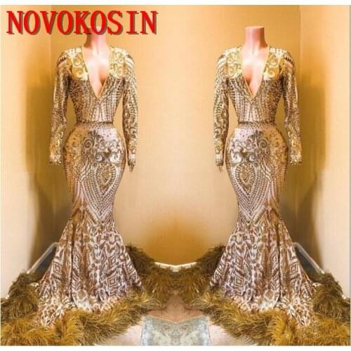 2019 Sparkly Sequined Gold Mermaid Prom Dress Long Sleeve Deep V Neck Evening Dress Feather Train African Black Girl Party Gown