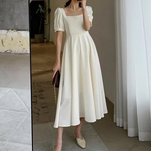 White Elegant Ladies Party Dress 2021 Summer Short Sleeve A-line Vestidos Female Square Collar Knee-length Dress Chic