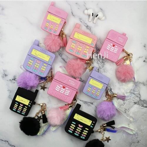 3D Cute Pink Retro Mobile Phone Design Brand Silicone Earphone Case for Apple AirPods 12pro Bluetooth Headset Cover Coque