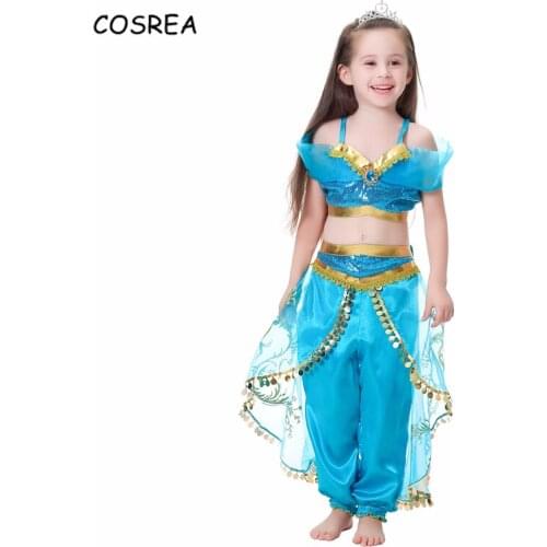 Aladdin and The Magic Lamp Girls Kid Sexy Princess Jasmine Costume Halloween Christmas Costume Top Skirt Pant Two Piece Set