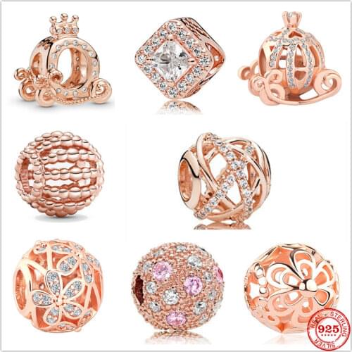 Rose Gold Bead 925 Sterling Silver Sparkling Crown O Flower Bead Charm Fit Original Pandora Bracelet DIY Jewelry For Women