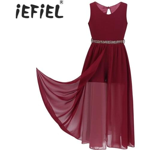 Kids Girls Sleeveless V Neck Jumpsuit Romper Long Dress with Sparkly Rhinestone Belt for Pageant School Dance Birthday Party