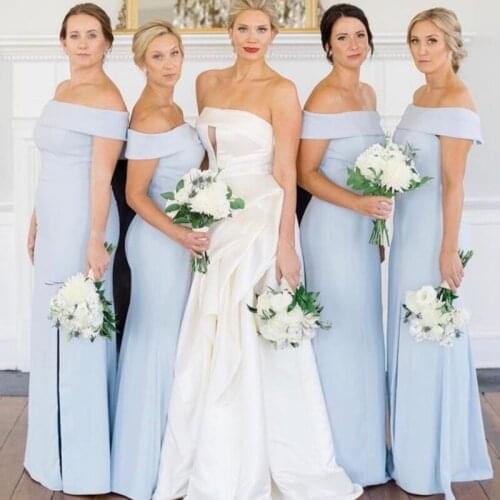 Custom Made Off The Shoulder Boat Neck Long Blue Summer Beach Wedding Guests Dress Bridesmaid Dresses 2021